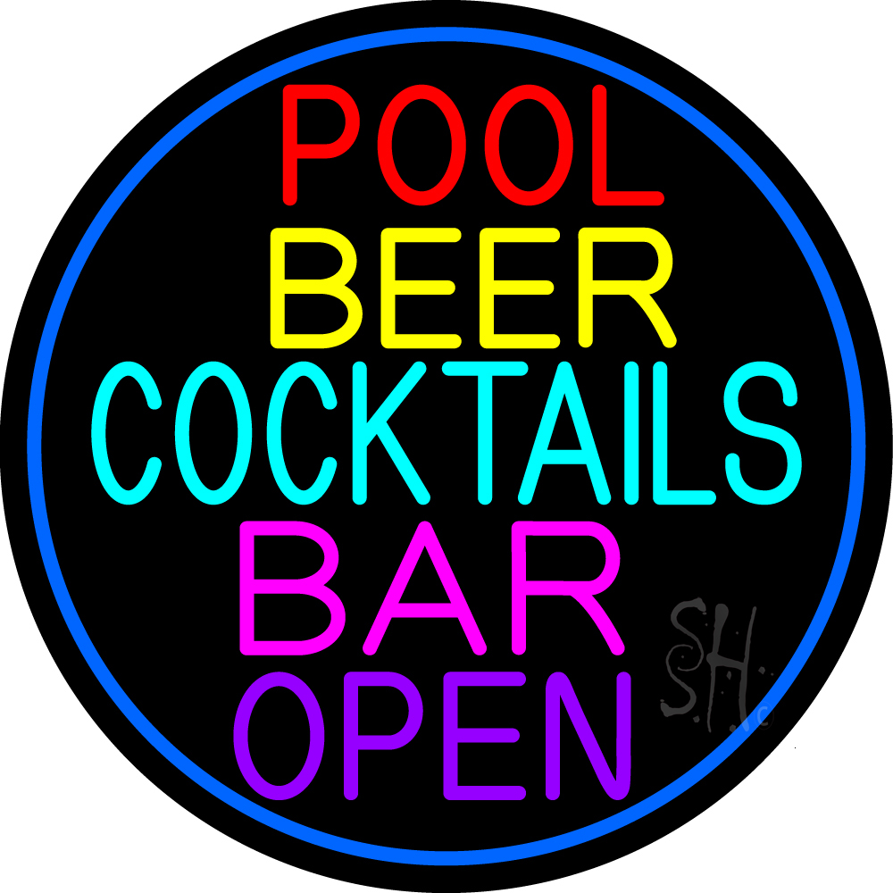 N105-15200-clear Cocktails Pool Beer Bar Open Clear Backing Neon Sign - Multi Color - 26 in. Tall x 26 in. Wide