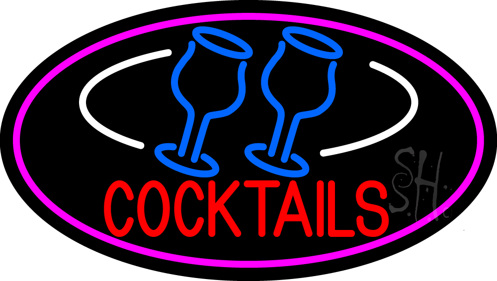 N105-15202-clear Cocktails with Two Glasses Open Clear Backing Neon Sign - Pink, Blue, White & Red - 17 in. Tall x 30 in. Wide
