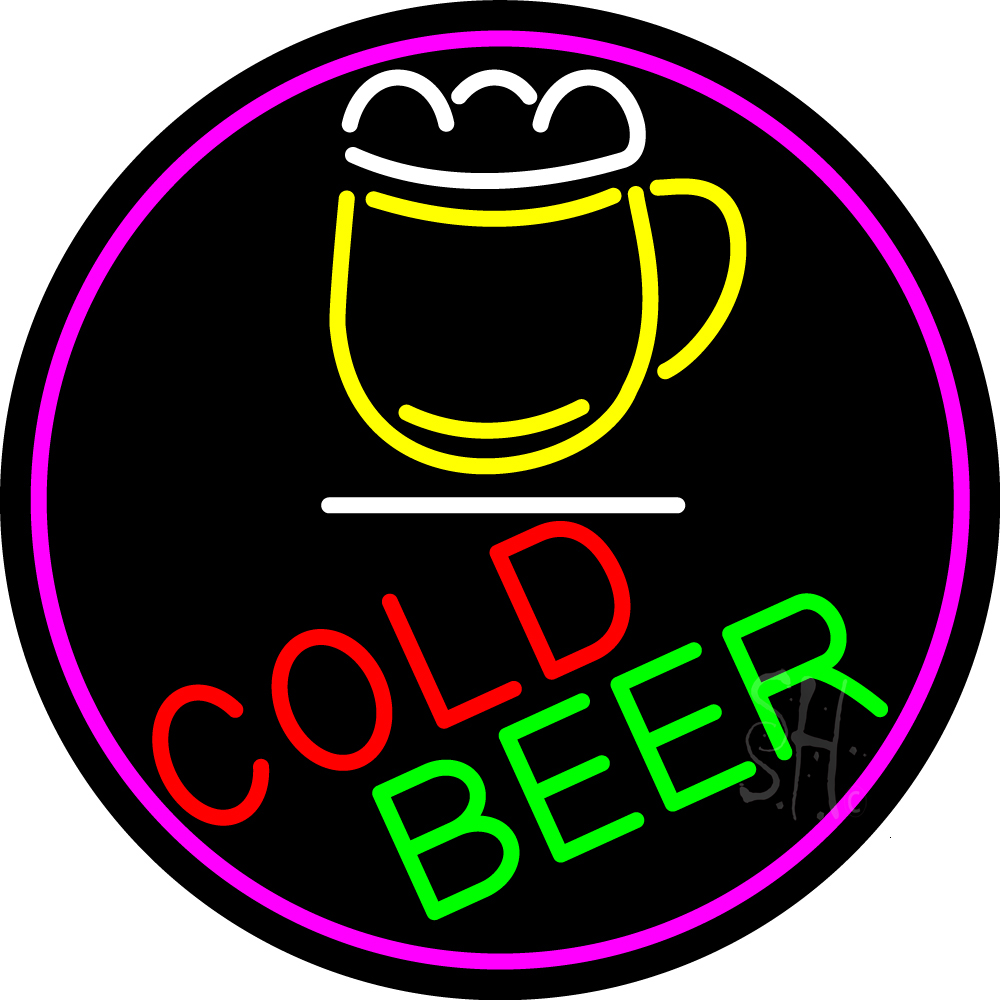 N105-15207-clear Cold Beer & Mug Oval with Pink Border Clear Backing Neon Sign - Multi Color - 26 in. Tall x 26 in. Wide