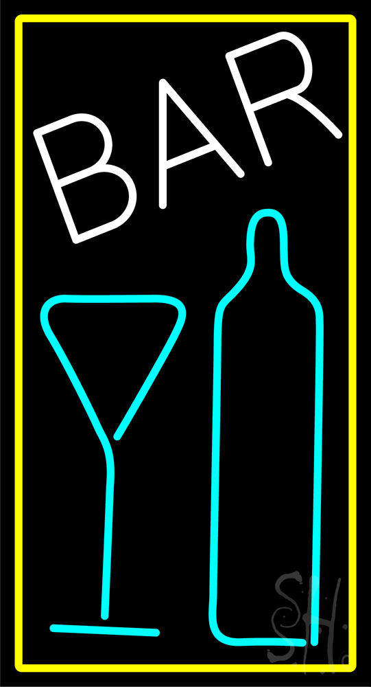 Cursive Bar with Wine Bottle & Glass Clear Backing Neon Sign - Yellow, Turquoise & White - 37 in. Tall x 20 in. Wide