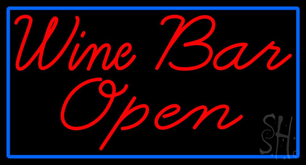 N105-15270-clear Cursive Red Wine Bar Open with Blue Border Clear Backing Neon Sign - Red & Blue - 20 in. Tall x 37 in. Wide