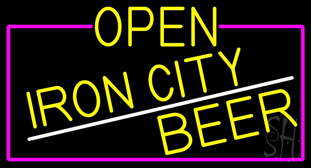 N105-17110-clear Yellow Open Iron City Beer with Pink Border Clear Backing Neon Sign - Pink, White & Yellow - 20 in. Tall x 37 in. Wide