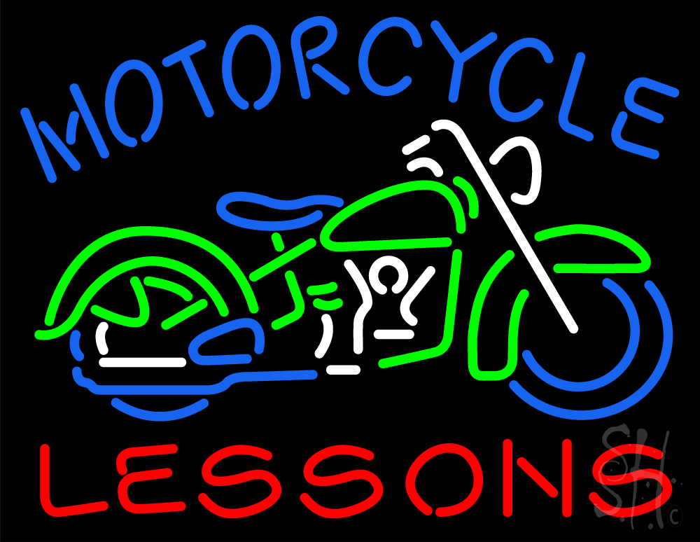 N105-17414-clear Motorcycle Lessons Clear Backing Neon Sign - Green, White, Blue & Red - 24 in. Tall x 31 in. Wide
