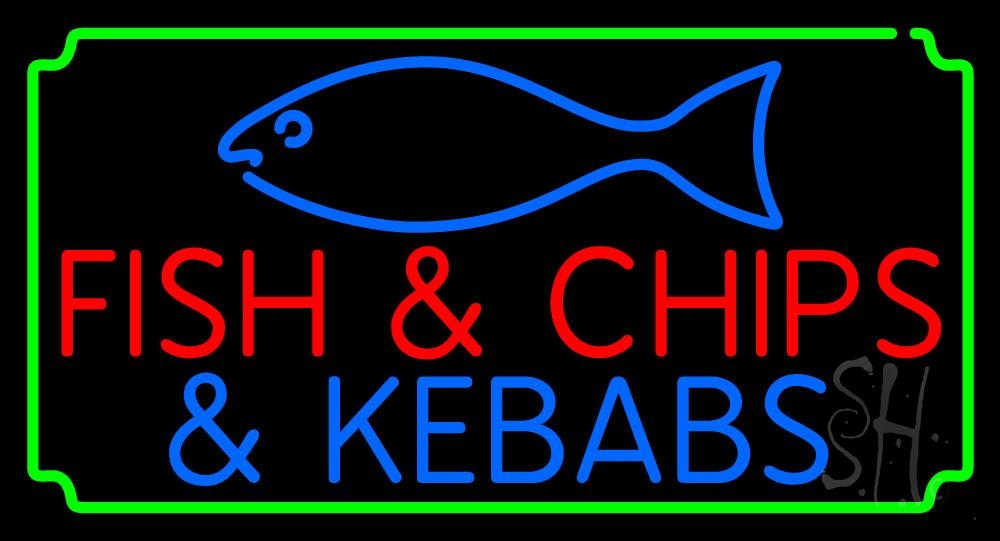N105-1099-clear Fish & Chips N Kebabs Clear Backing Neon Sign - Blue, Red & Green - 20 in. Tall x 37 in. Wide