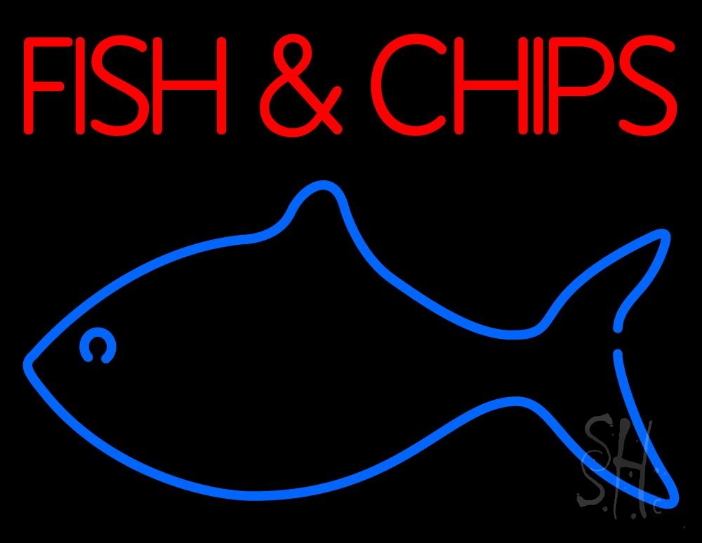 N105-1102-clear Fish & Chips with Fish Logo Clear Backing Neon Sign - Blue & Red - 24 in. Tall x 31 in. Wide