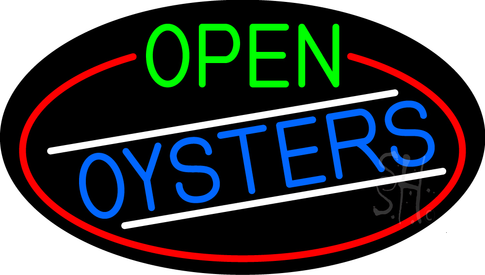 N105-16721-clear Open Oysters Oval with Red Border Clear Backing Neon Sign - Green, Blue, White & Red - 17 in. Tall x 30 in. Wide
