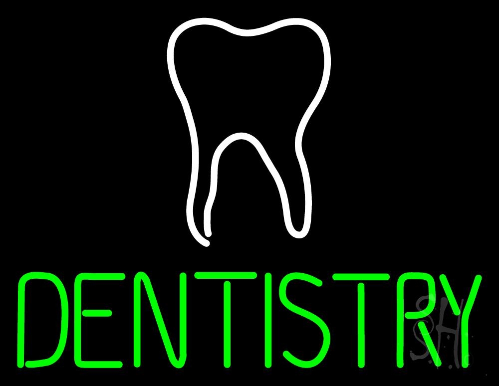N105-2294-clear Dentistry with Tooth Logo Clear Backing Neon Sign - White & Green - 24 in. Tall x 31 in. Wide
