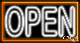 N100-06384-clear Double Stroke White Open with Orange Border Clear Backing Neon Sign - White & Orange - 20 in. Tall x 37 in. Wide