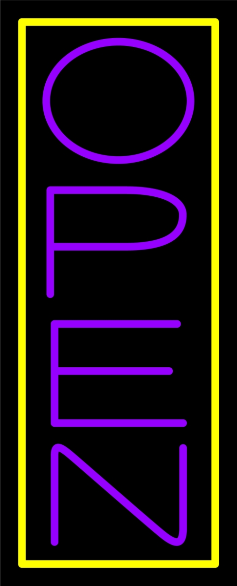 N100-06431-clear Purple Open with Yellow Border Vertical Clear Backing Neon Sign - Purple & Yellow - 32 in. Tall x 13 in. Wide