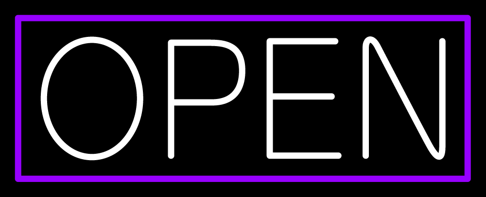 N100-06451-clear White Open with Purple Border Clear Backing Neon Sign - White & Purple - 13 in. Tall x 32 in. Wide