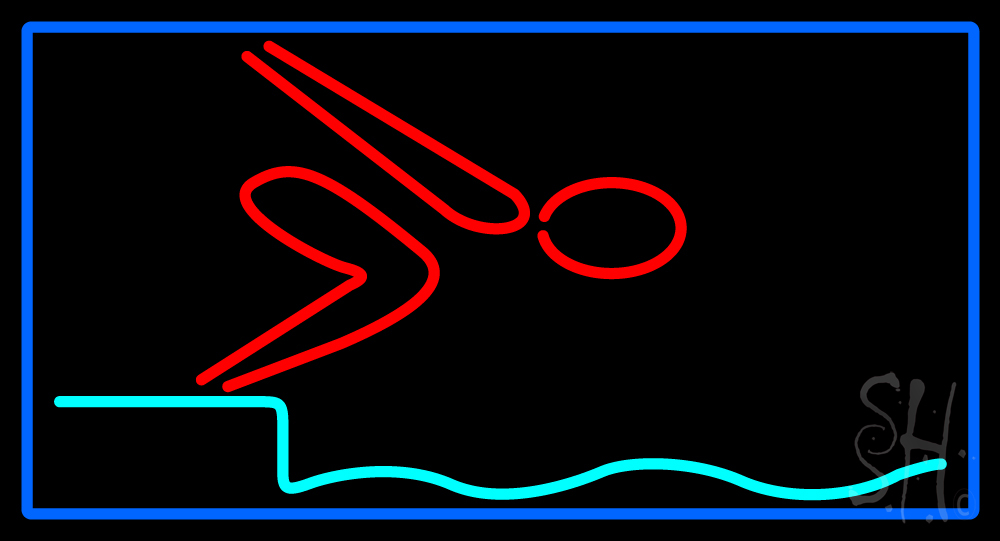 Swimming Pool Logo with Blue Border Clear Backing Neon Sign - Red, Turquoise & Blue - 20 in. Tall x 37 in. Wide