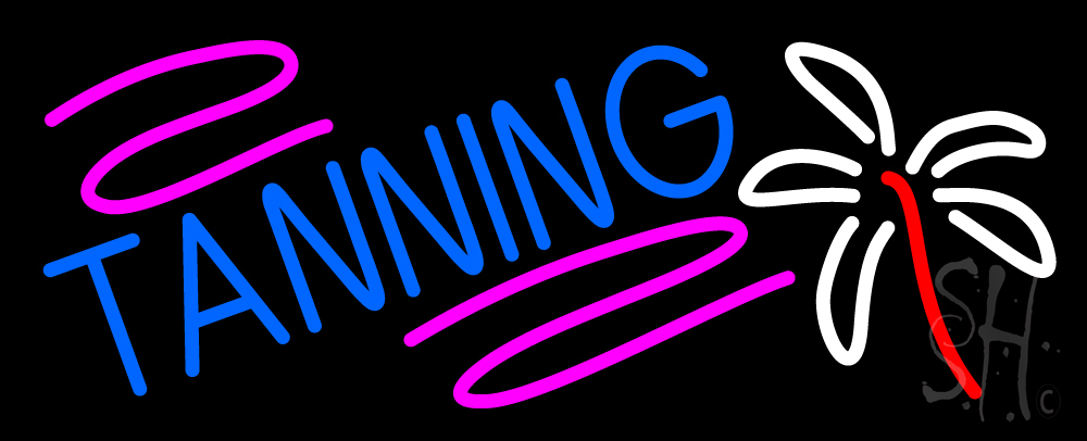 Tanning with Palm Tree Clear Backing Neon Sign - Pink, Blue, White & Red - 13 in. Tall x 32 in. Wide