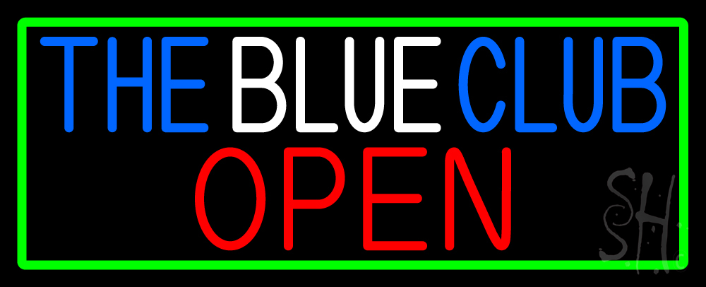 N105-16190-clear The Blue Club Open with Green Border Clear Backing Neon Sign - Green, Blue, Red & White - 13 in. Tall x 32 in. Wide