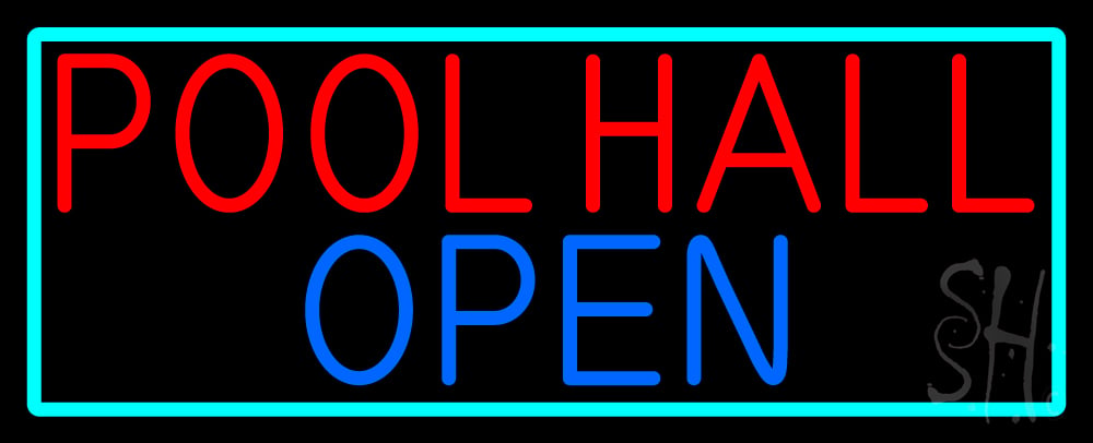 N105-16845-clear Pool Hall Open with Turquoise Clear Backing Neon Sign - Turquoise, Red & Blue - 13 in. Tall x 32 in. Wide