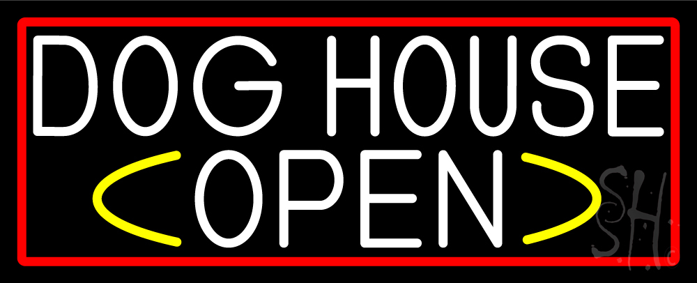White Dog House Open with Red Border Clear Backing Neon Sign - Red, White & Yellow - 13 in. Tall x 32 in. Wide