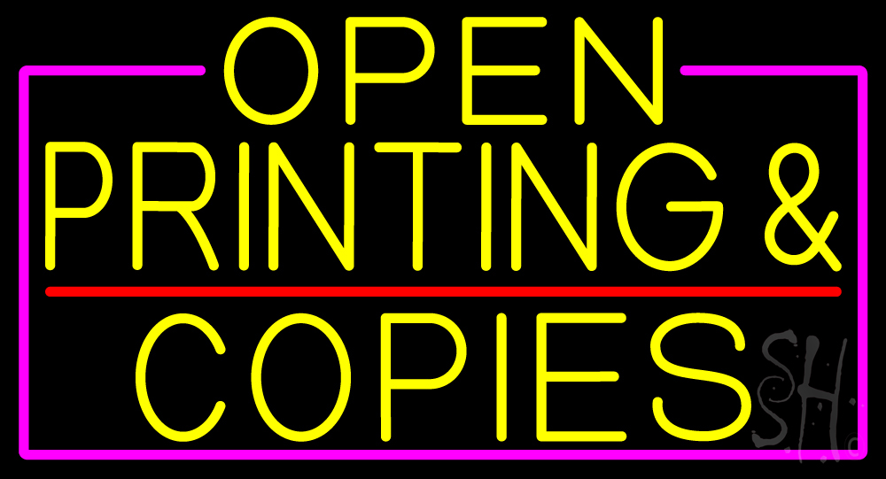 N105-17119-clear Yellow Open Printing & Copies with Pink Border Clear Backing Neon Sign - Yellow, Red & Pink - 20 in. Tall x 37 in. Wide