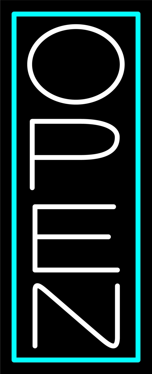 N100-06448-clear White Open with Aqua Border Vertical Clear Backing Neon Sign - White & Turquoise - 32 in. Tall x 13 in. Wide