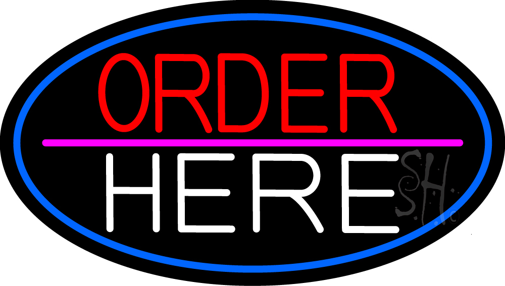 N105-15827-clear Order Here Oval with Blue Border Clear Backing Neon Sign - Blue, Red, White & Pink - 17 in. Tall x 30 in. Wide