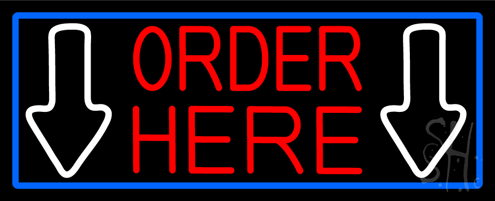 N105-15832-clear Order Here with Down Arrow with Blue Border Clear Backing Neon Sign - Blue, Red & White - 13 in. Tall x 32 in. Wide
