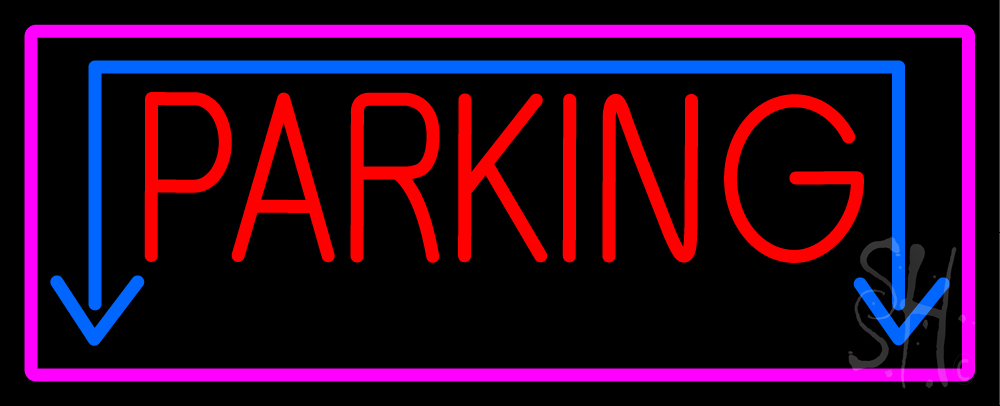 N105-15857-clear Parking with Down Arrow Clear Backing Neon Sign - Pink, Blue & Red - 13 in. Tall x 32 in. Wide