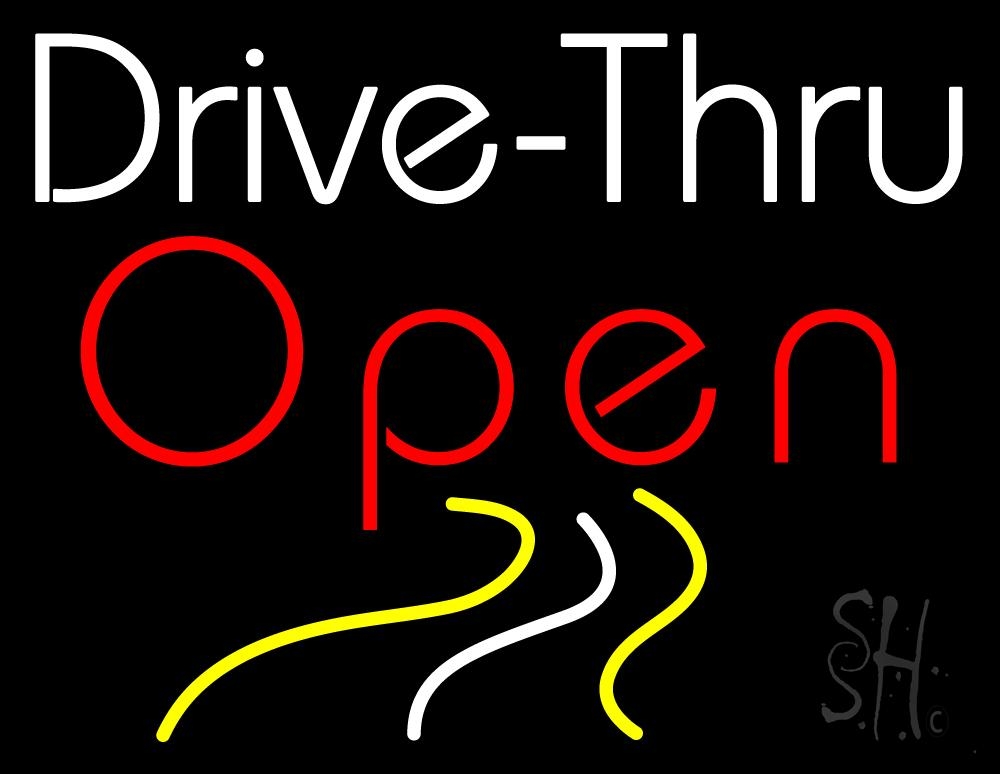 N105-1037-clear Drive Thru Red Open Clear Backing Neon Sign - Red, White & Yellow - 24 in. Tall x 31 in. Wide