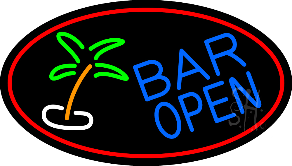 N105-14983-clear Bar Open with Two Palm Trees Clear Backing Neon Sign - Multi Color - 17 in. Tall x 30 in. Wide