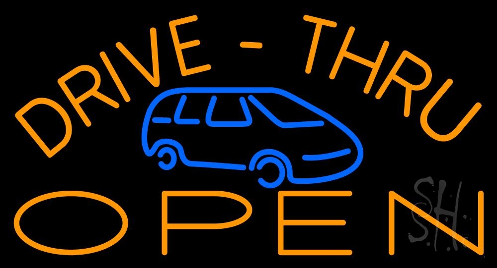 N105-1035-clear Drive Thru Open with Car Clear Backing Neon Sign - Blue & Orange - 20 in. Tall x 37 in. Wide