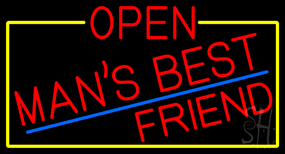 N105-16903-clear Red Open Mans Best Friend with Yellow Border Clear Backing Neon Sign - Red, Yellow & Blue - 20 in. Tall x 37 in. Wide