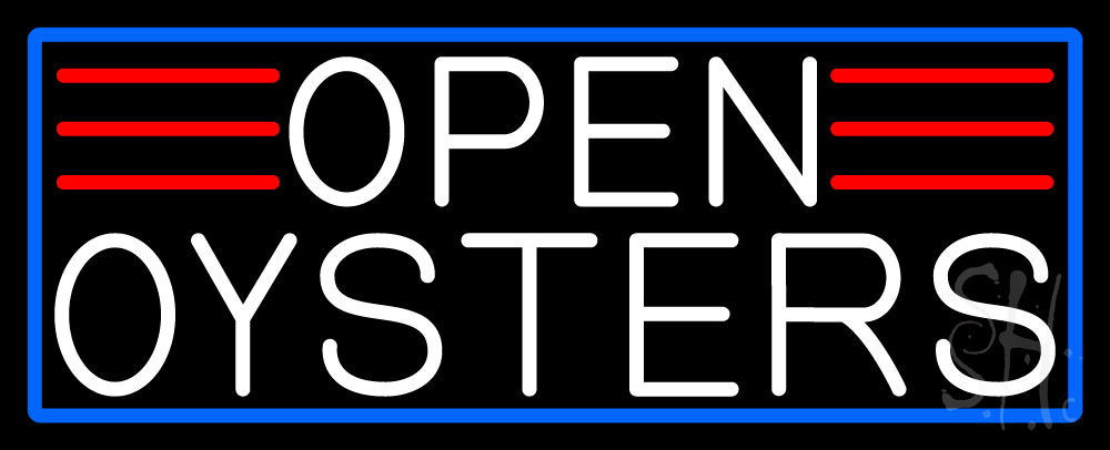White Open Oysters with Blue Border Clear Backing Neon Sign - White, Red & Blue - 13 in. Tall x 32 in. Wide