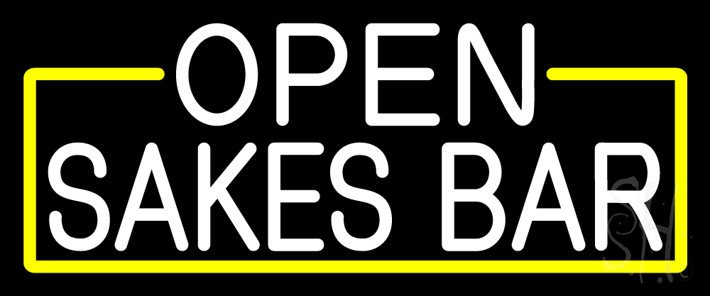 N105-17064-clear White Open Sakes Bar with Blue Border Clear Backing Neon Sign - White & Yellow - 10 in. Tall x 24 in. Wide