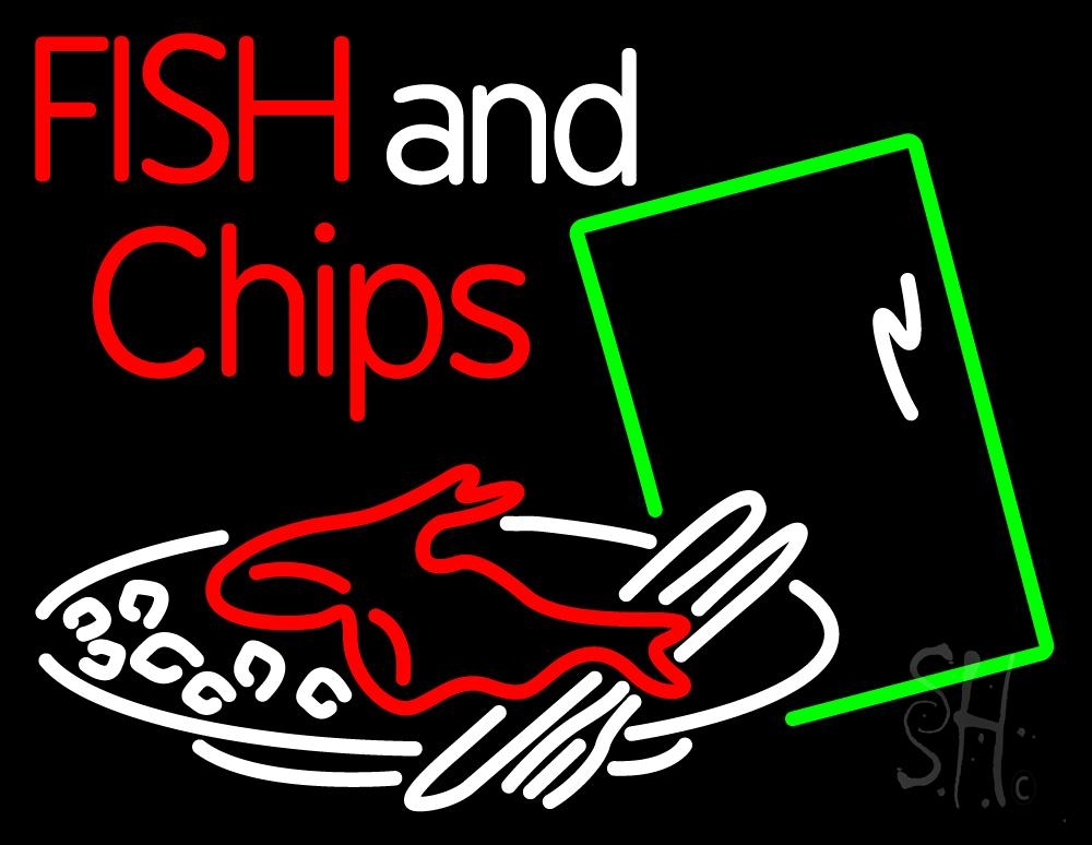 N105-1096-clear Fish & Chips Dish Clear Backing Neon Sign - White, Green & Red - 24 in. Tall x 31 in. Wide