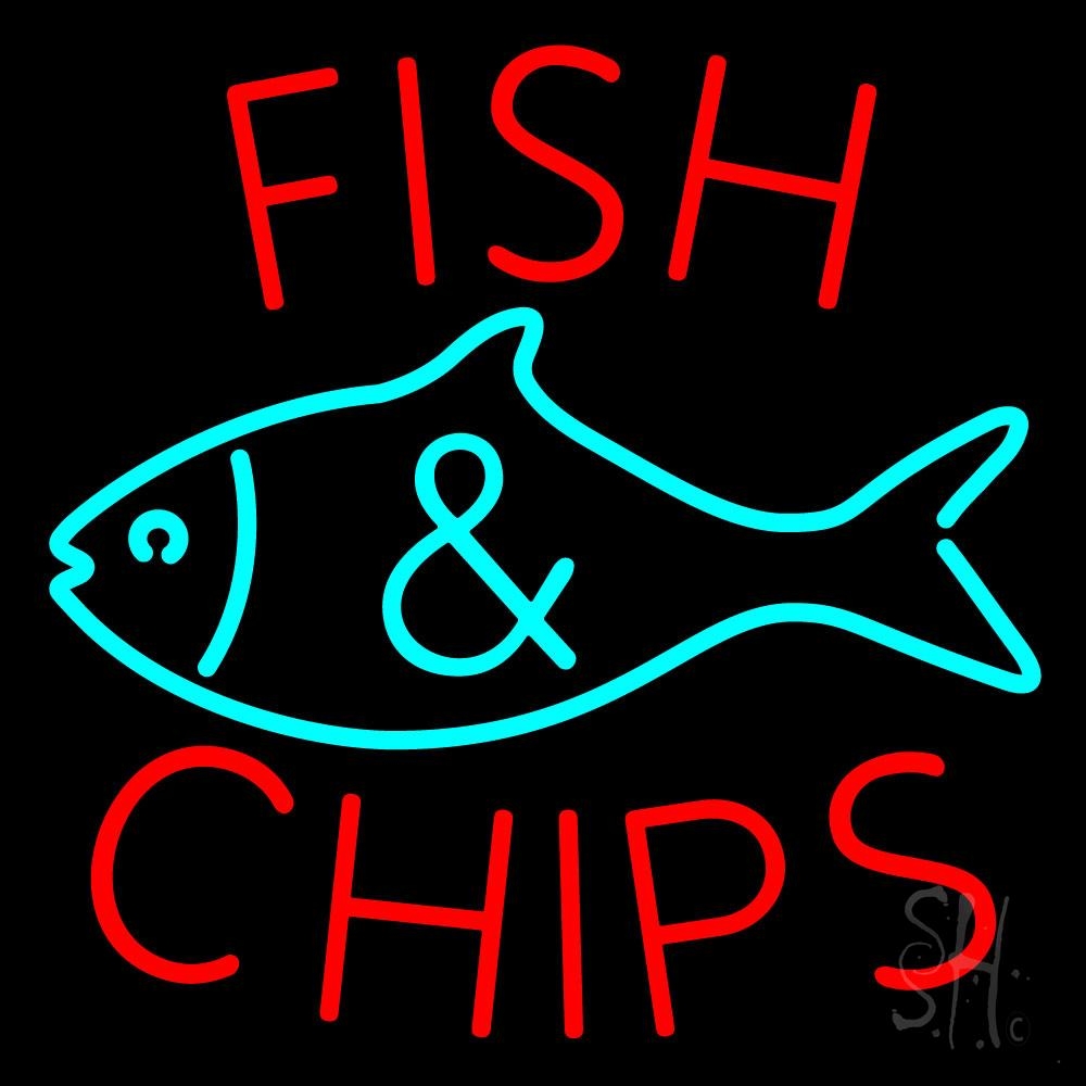 N105-1105-clear Fish Logo Fish & Chips Clear Backing Neon Sign - Turquoise & Red - 24 in. Tall x 24 in. Wide