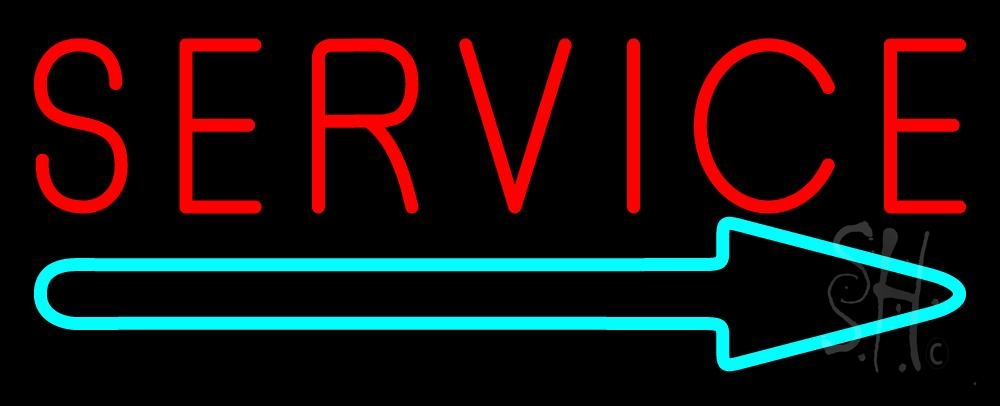 N105-6094-clear Red Service with Right Arrow 1 Clear Backing Neon Sign - Red & Turquoise - 13 in. Tall x 32 in. Wide