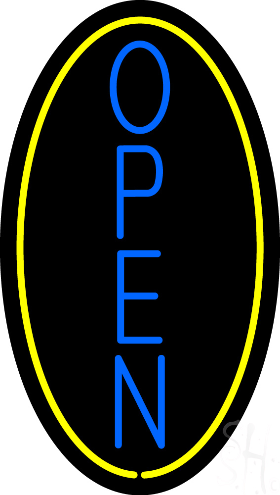 N500-1164-clear Vertical Open with Oval Clear Backing Neon Sign - Yellow & Blue - 30 in. Tall x 17 in. Wide