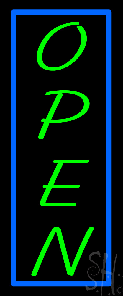 N500-2518-clear Vertical Open with Blue Border Clear Backing Neon Sign - Green & Blue - 24 in. Tall x 10 in. Wide