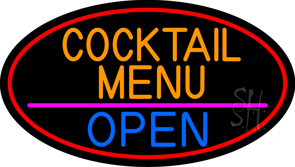 N105-15175-clear Cocktail Menu Open Oval with Red Border Clear Backing Neon Sign - Red, Pink, Blue & Orange - 17 in. Tall x 30 in. Wide