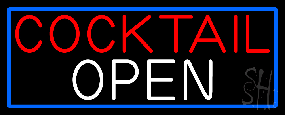 N105-15181-clear Cocktail Open with Blue Border Clear Backing Neon Sign - Blue, Red & White - 13 in. Tall x 32 in. Wide