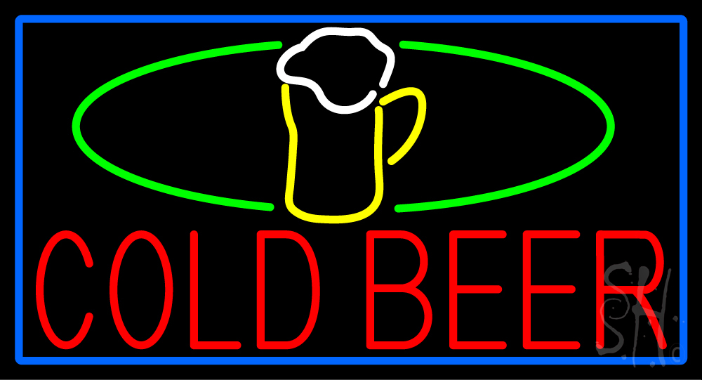 N105-15210-clear Cold Beer & Mug with Blue Border Clear Backing Neon Sign - Multi Color - 20 in. Tall x 37 in. Wide