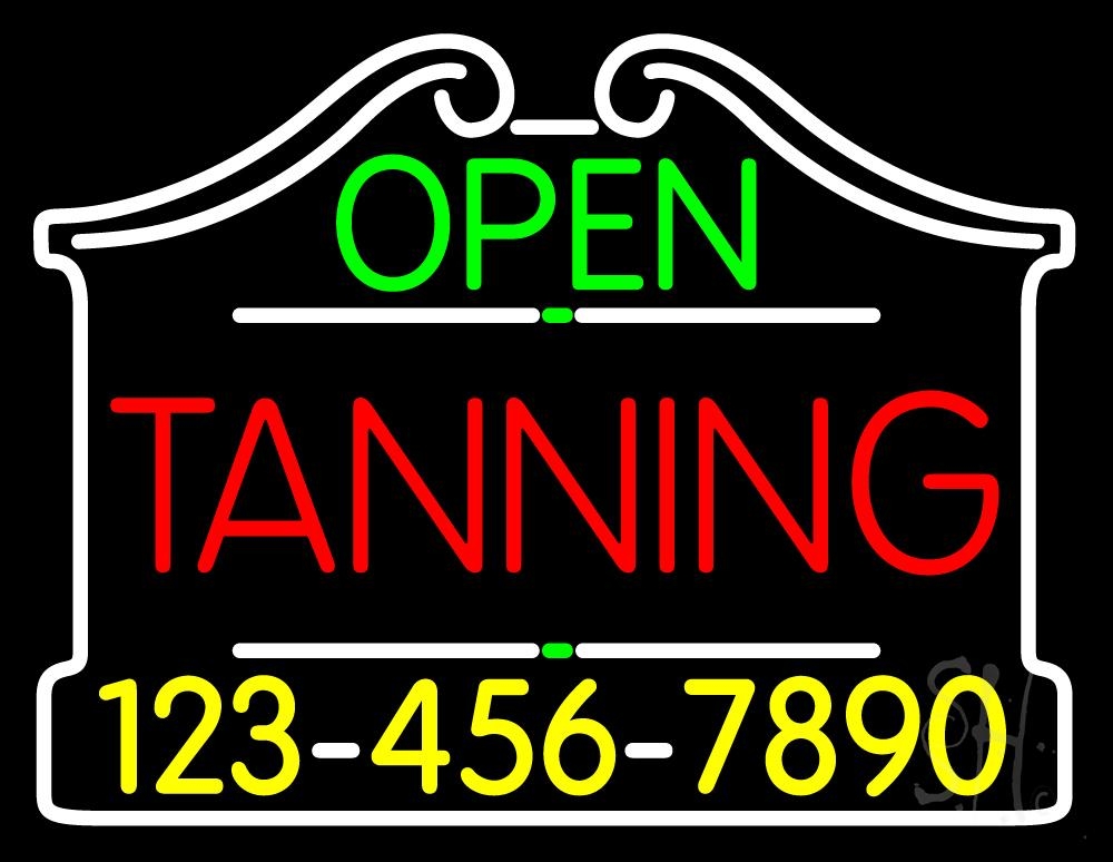 N105-1911-clear Open Tanning with Phone Number Clear Backing Neon Sign - Red, White, Green & Yellow - 24 in. Tall x 31 in. Wide