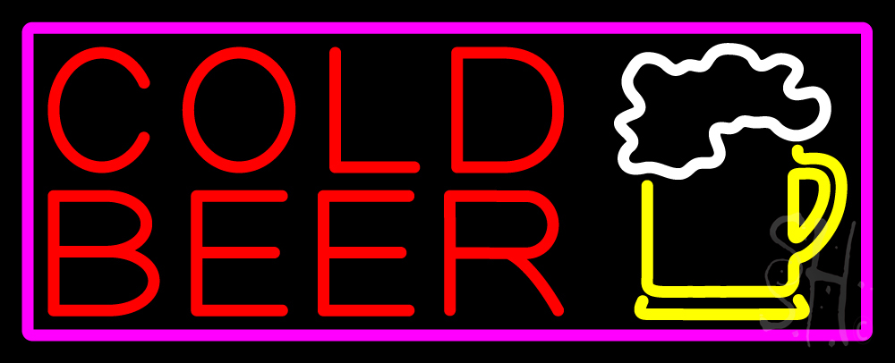 N105-15206-clear Cold Beer & Beer Mug with Pink Border Clear Backing Neon Sign - Red, Pink, Yellow & White - 13 in. Tall x 32 in. Wide
