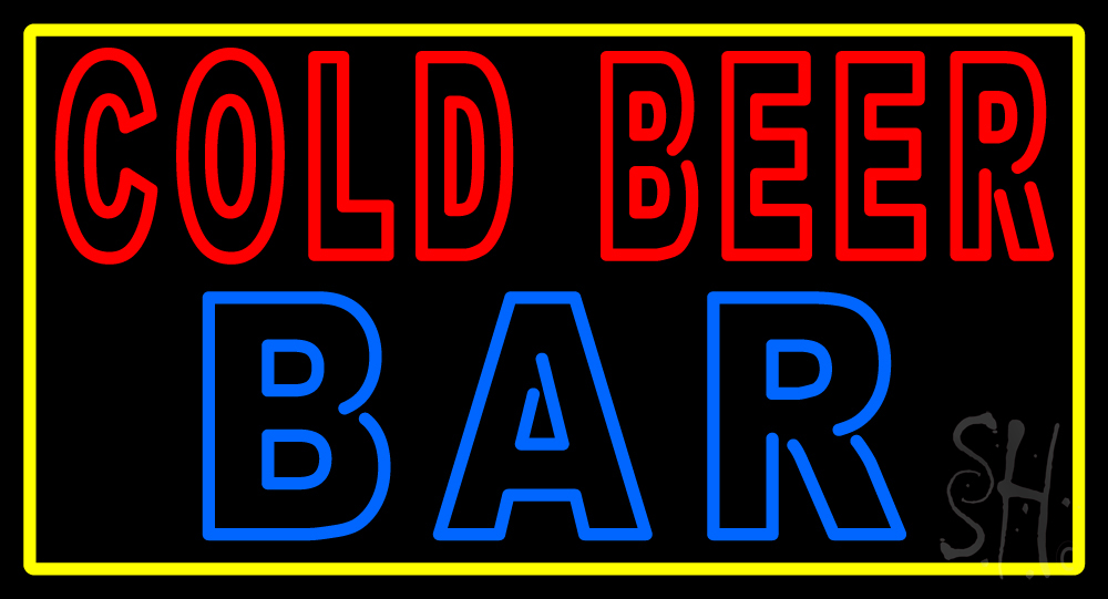 N105-15218-clear Cold Beer Bar with Yellow Border Clear Backing Neon Sign - Red, Blue & Yellow - 20 in. Tall x 37 in. Wide