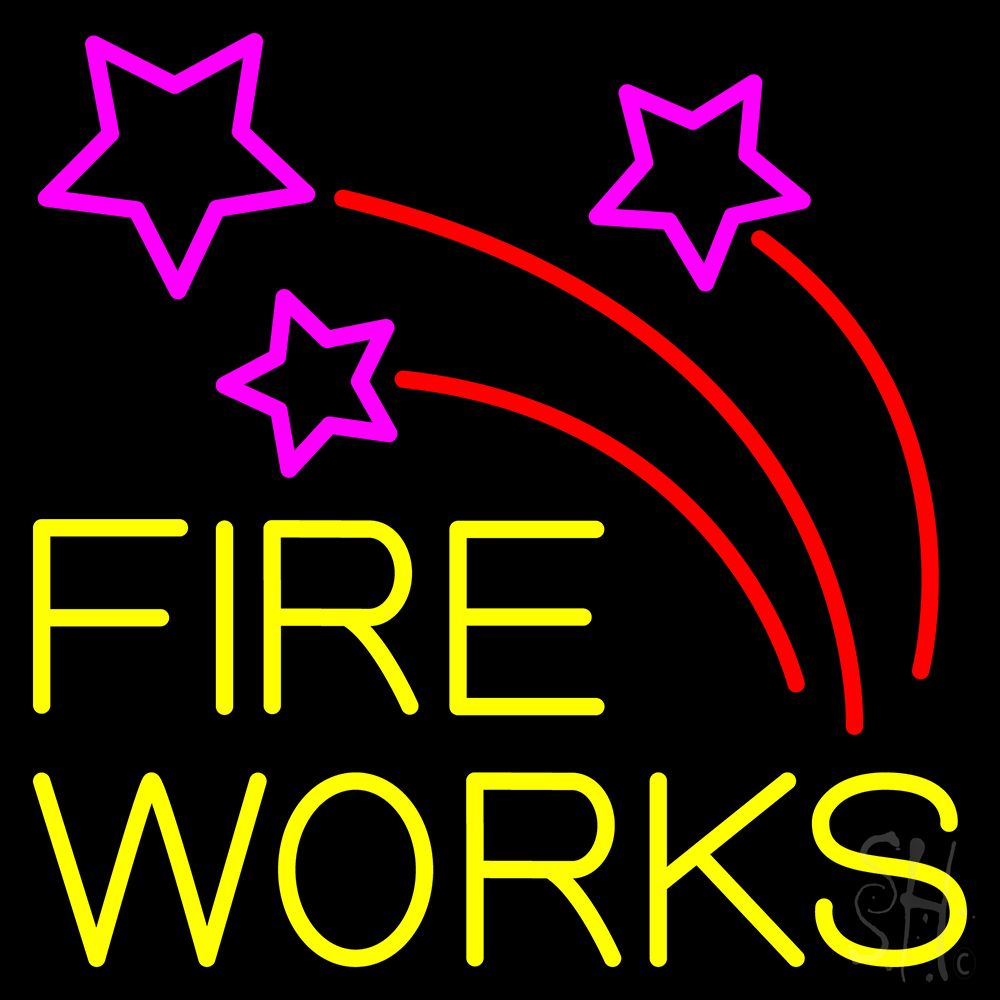 N105-14322-clear Double Stroke Fire Works 2 Clear Backing Neon Sign - Pink, Red & Yellow - 24 in. Tall x 24 in. Wide