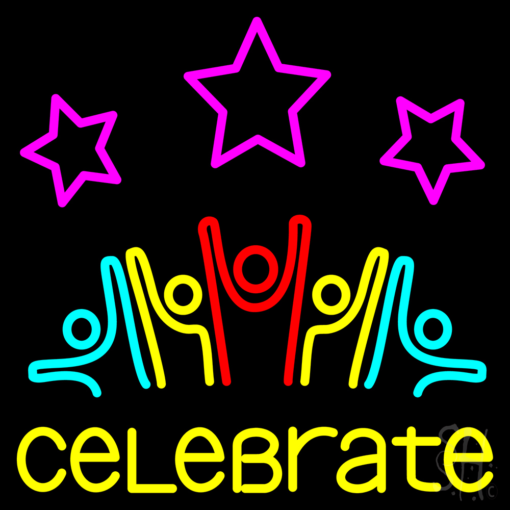 N105-14365-clear Fire Work Celebrate 2 Clear Backing Neon Sign - Pink, Red, Yellow & Turquoise - 24 in. Tall x 24 in. Wide
