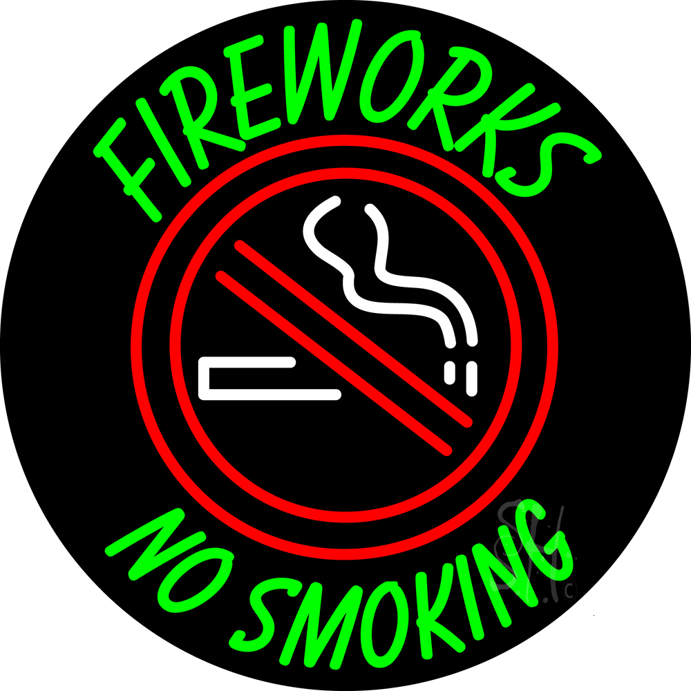 Fire Works No Smoking with Logo 2 Clear Backing Neon Sign - Green, Red & White - 26 in. Tall x 26 in. Wide