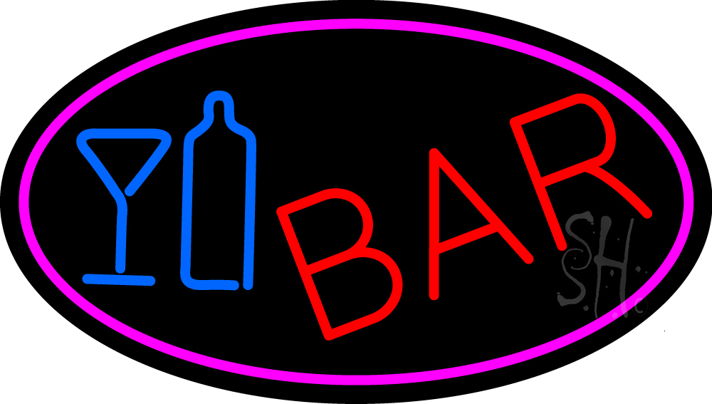N105-15253-clear Cursive Bar with Wine Bottle & Glass Clear Backing Neon Sign - Blue, Red & Pink - 17 in. Tall x 30 in. Wide