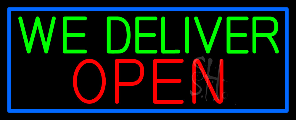 N105-16295-clear We Deliver Open with Blue Border Clear Backing Neon Sign - Blue, Red & Green - 13 in. Tall x 32 in. Wide