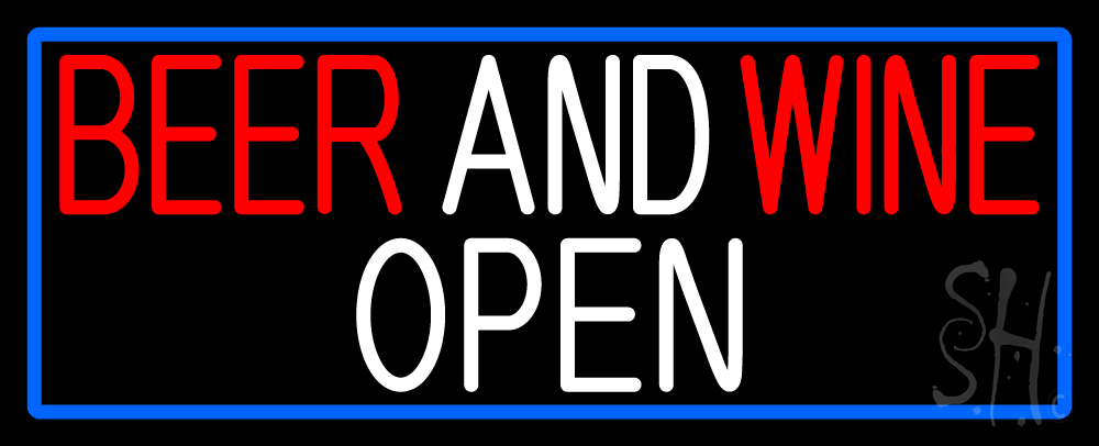 Beer & Wine Open with Blue Border Clear Backing Neon Sign - Red, White & Blue - 13 in. Tall x 32 in. Wide