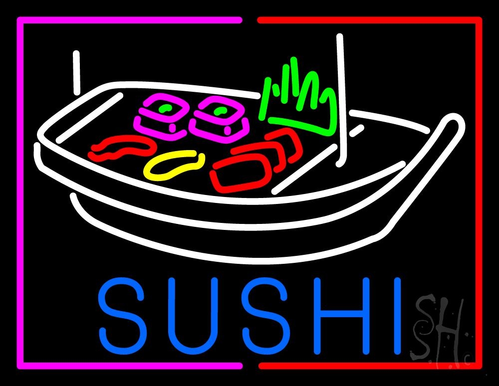 N105-2095-clear Blue Sushi with Plate Logo Clear Backing Neon Sign - Multi Color - 24 in. Tall x 31 in. Wide