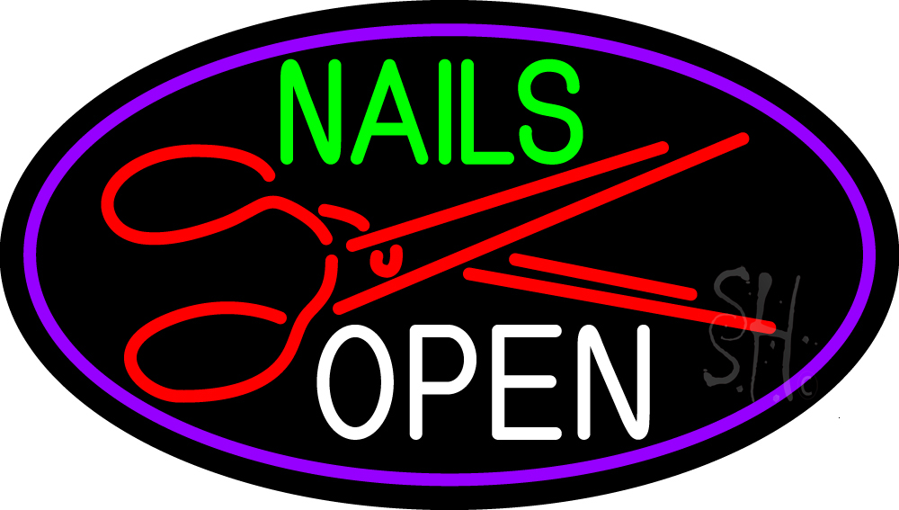 N105-15748-clear Nails Open with Scissors Clear Backing Neon Sign - Purple, Green, Red & White - 17 in. Tall x 30 in. Wide