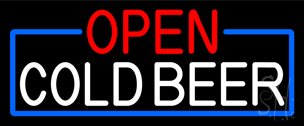 N105-15801-clear Open Cold Beer with Blue Border Clear Backing Neon Sign - Blue, Red & White - 10 in. Tall x 24 in. Wide